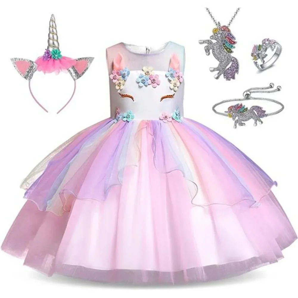 5Pcs, Little Girls Unicorn Princess Dress Up Clothes Jewelry and Headband Set